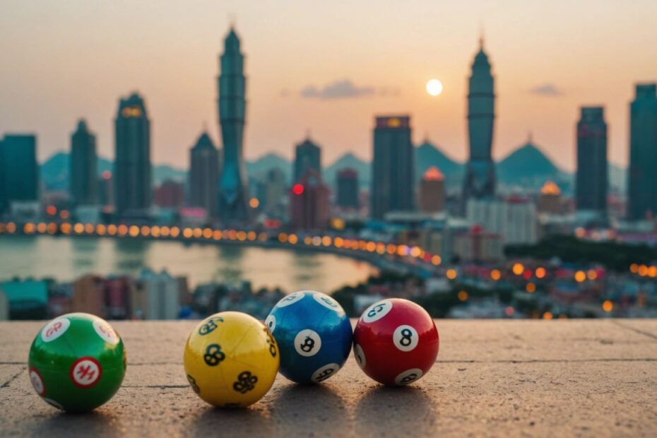 Lucky charm and lottery balls with Macau skyline, representing winning strategies for Togel Colok at Rajatoto88.